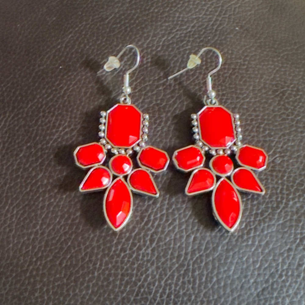 Red Chandelier Drop Earrings Silver Tone Boho Statement Geometric Resin Jewelry - Picture 1 of 2